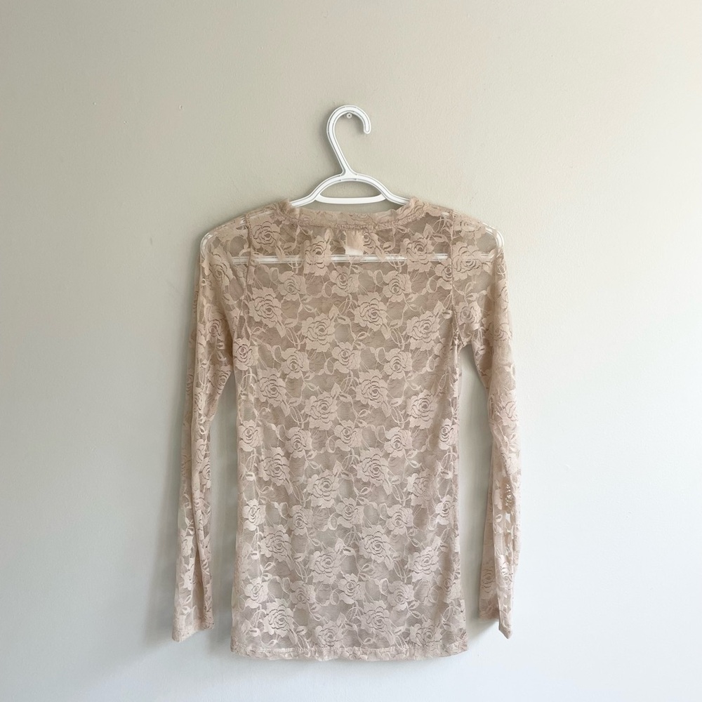 LONG SLEEVE SHEER LACE BEIGE NUDE NEUTRAL TOP ROUND NECK LUXE JUNKIE - Picture 7 of 7